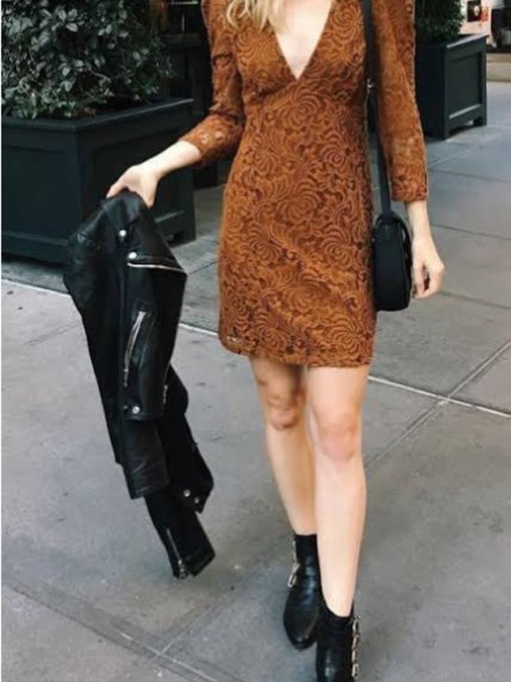 Free People Women's V-Neck Burnt Orange Lace Bodycon Dress